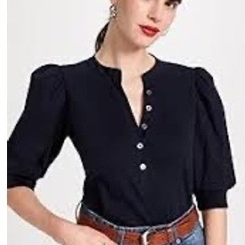 Veronica Beard Coralee‎ Black Knit Henley Poplin Puff Sleeve Blouse Size S SONY